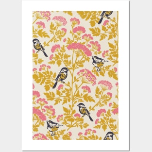 Hemlock with Chickadee Birds in Pink and Mustard Yellow Floral Repeat Pattern Posters and Art